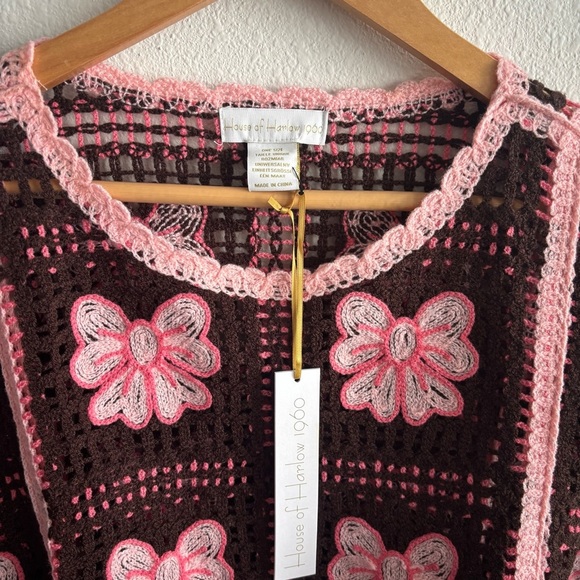 NWT House of Harlow 1960 Brown & Pink Bows Crochet Fringe Shrug On Poncho Shawl - Picture 5 of 9